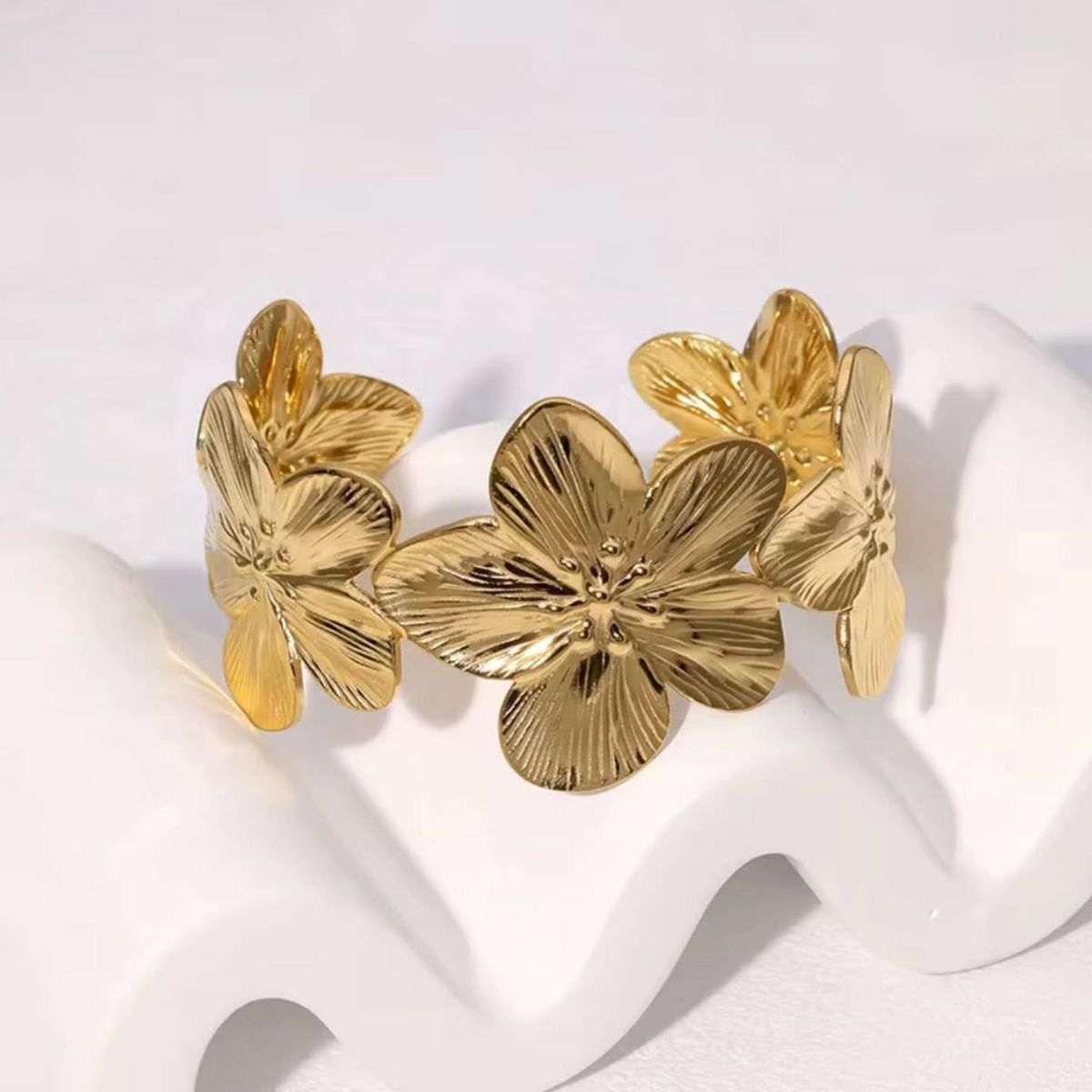 Gold Flower Open Bangle Bracelet