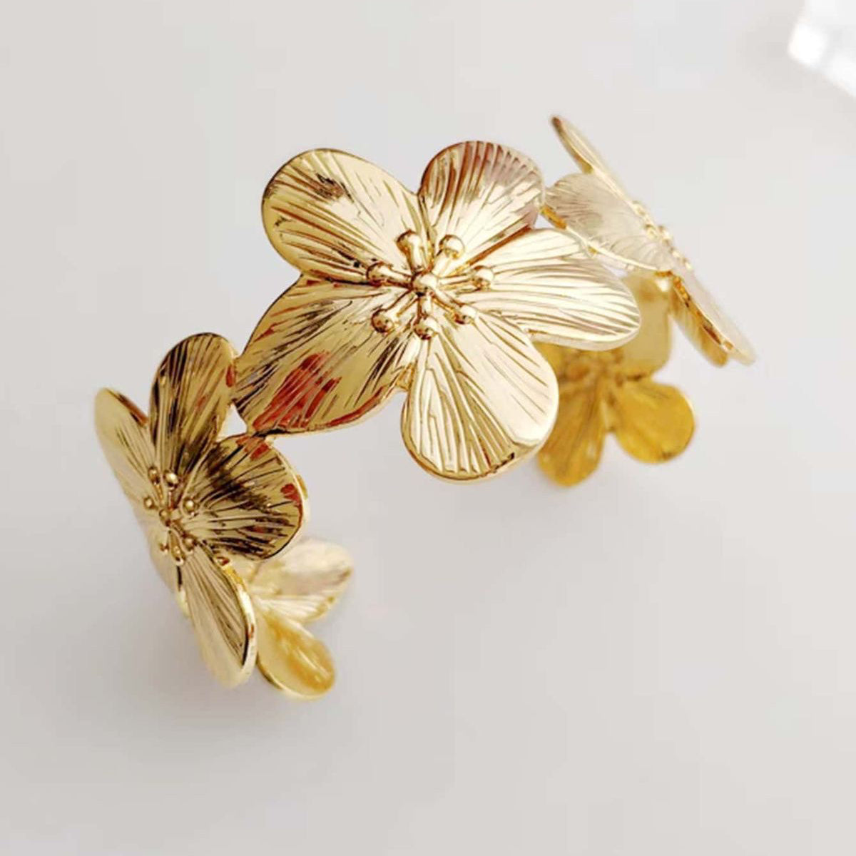 Gold Flower Open Bangle Bracelet