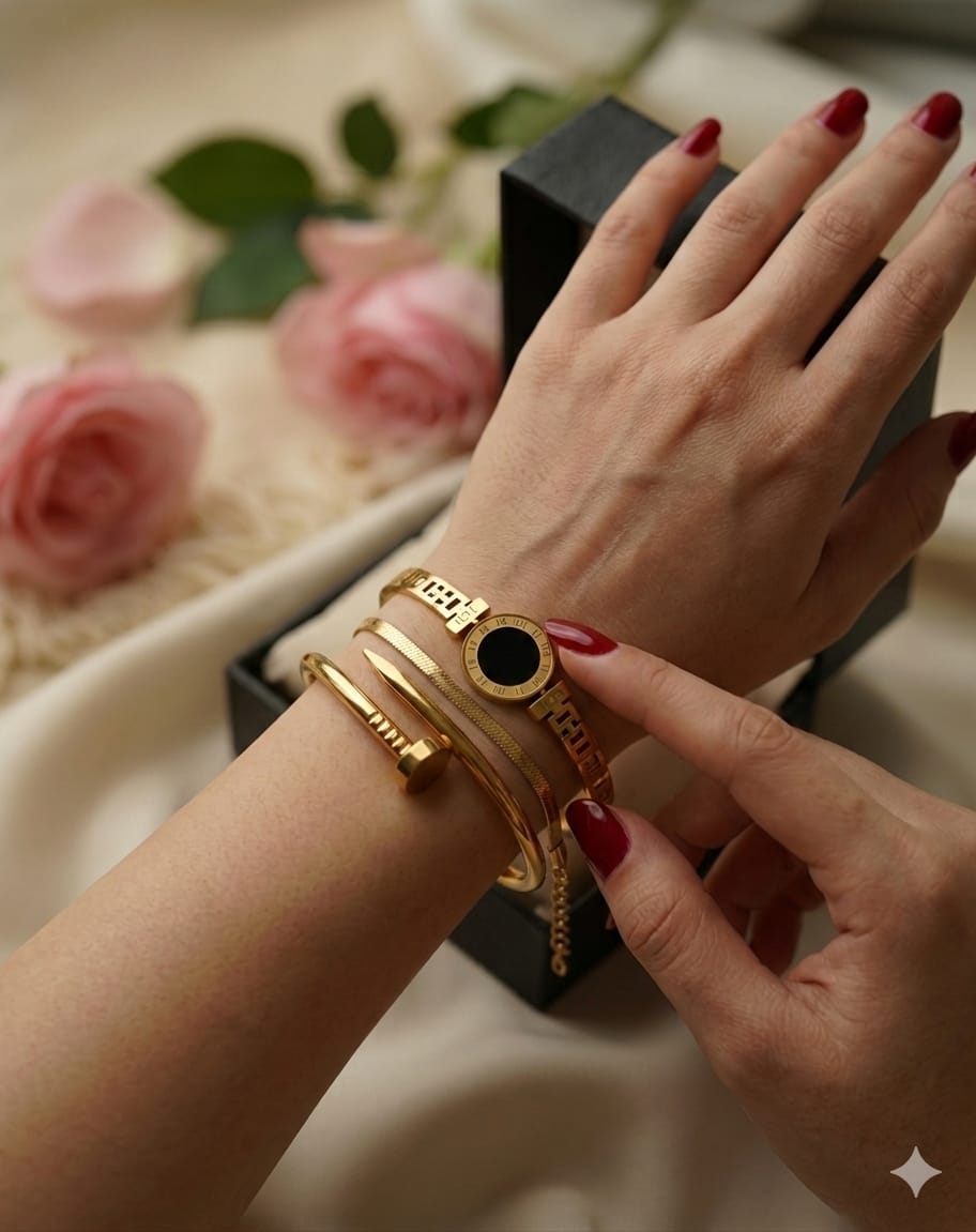 Pack of 3 Bracelets Stack – Cartier Nail Cuff + Bvlgari Handcuff + Snake Bracelet