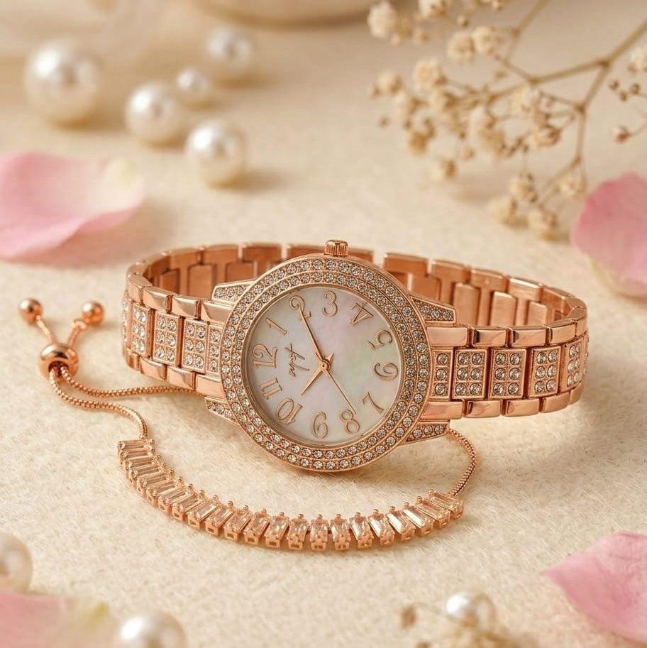 Fancy Stone Jewelry Watch & Zircon Up-Down Bracelet Combo