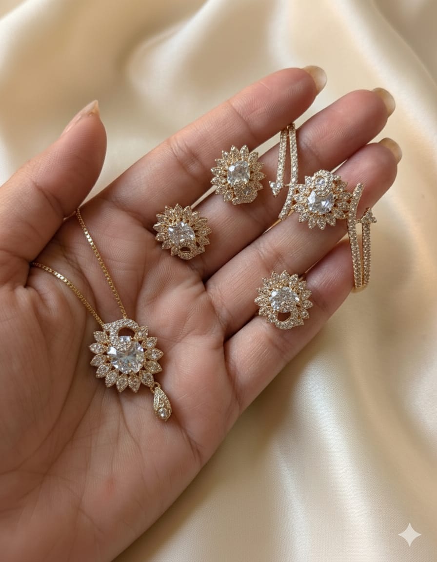 Fancy Zircon Combo Set – Ring & Openable Size Bangle | Available in 3 Colors