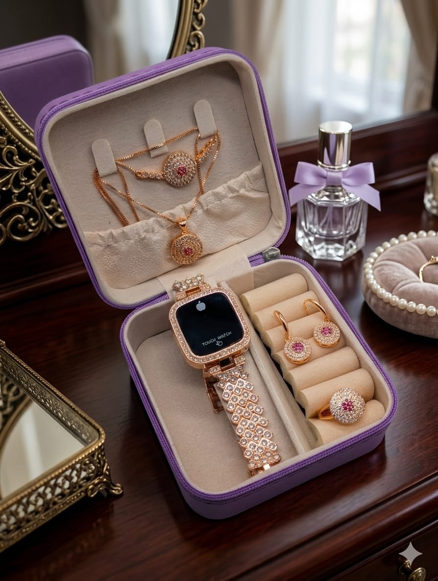 Gift Set Collection 🎁 – Zircon Locket, Bracelet, Ring & LED Watch