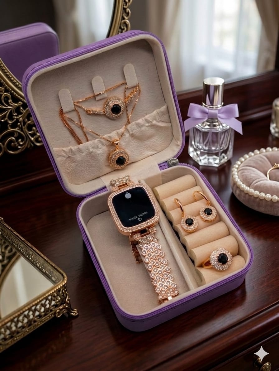 Gift Set Collection 🎁 – Zircon Locket, Bracelet, Ring & LED Watch