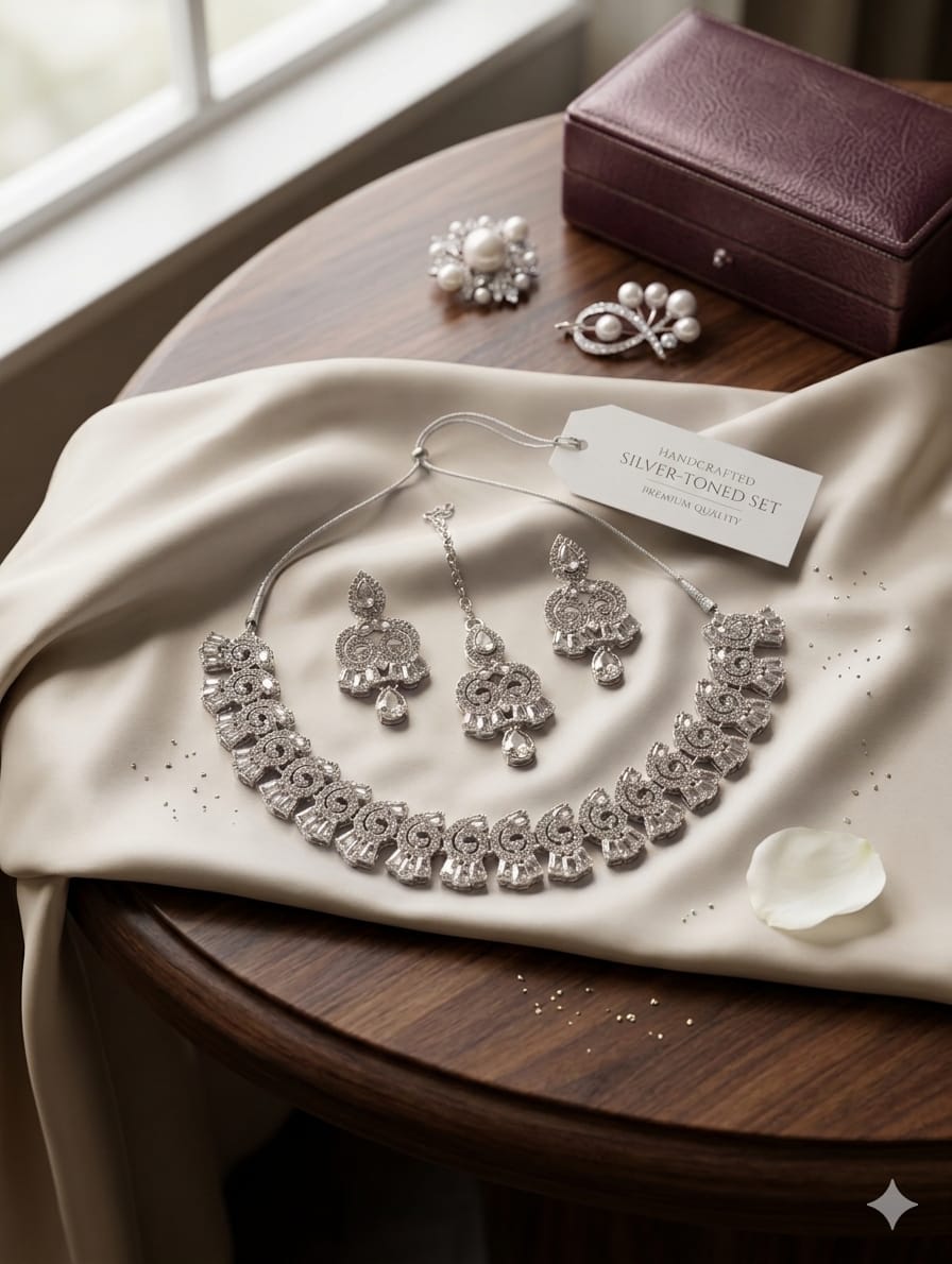 Beautiful Zircon Necklace Set – Golden & Silver | Good Quality